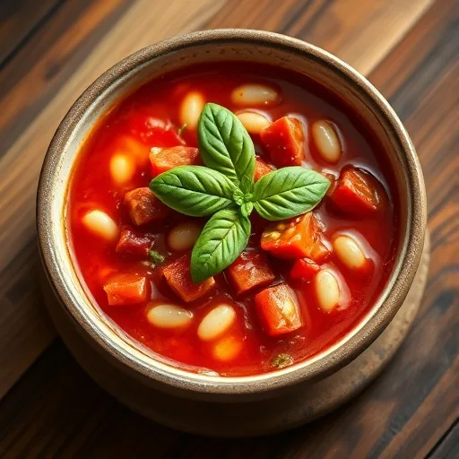 Hearty Vegan Tomato White Bean Stew Recipe 1 Close-up of a hearty vegan tomato white bean stew in a rustic bowl, garnished with fresh basil and served on wood.