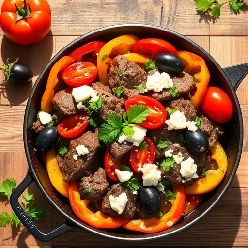 Mediterranean Beef Skillet: Flavorful & Easy Dinner 1 Colorful Mediterranean Beef Skillet with tender beef, vegetables, olives, and feta cheese, ready to eat for dinner.