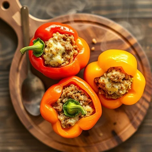 Stuffed Bell Peppers: Easy & Flavorful Dinner Idea 1 Three colorful stuffed bell peppers, red, yellow, and orange, on a wooden board, filled with meat, rice, and cheese.