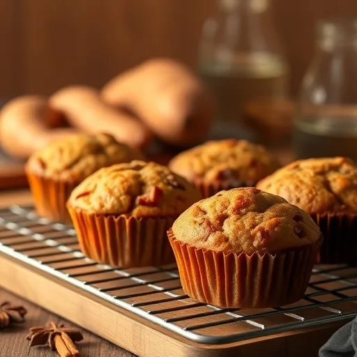 Sweet Potato Muffin Recipe: Easy & Delicious! 1 Close-up of golden-brown sweet potato muffins on a cooling rack, garnished with a sprinkle of cinnamon.