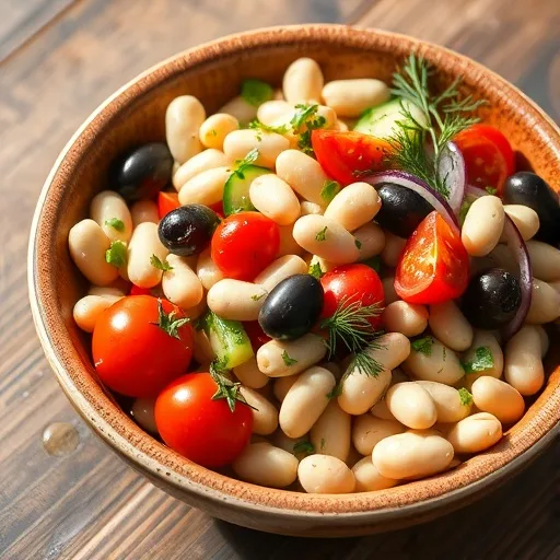 Zesty Mediterranean White Bean Salad: Easy & Fresh 1 Close-up of a colorful Mediterranean white bean salad with fresh vegetables and herbs in a rustic bowl.